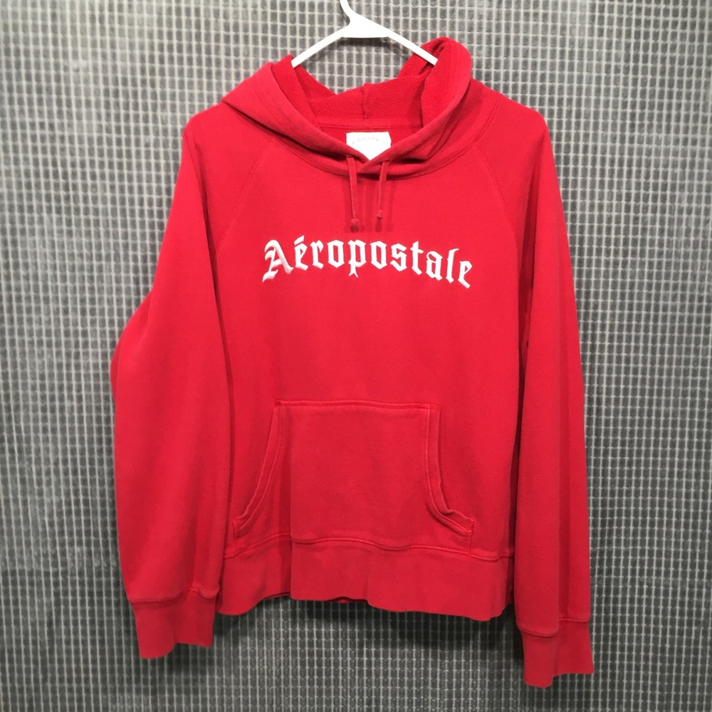 Aeropostale Mens Red Gothic Embroidered Logo Pullover Hoodie Size Large L